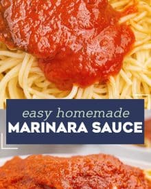This recipe for Homemade Marinara Sauce is ready in about 30 minutes, uses simple ingredients, and is freezer friendly. So much better than anything from a jar, it's perfect on pasta, as a dipping sauce, and more! #marinara #italian #homemade #pastasauce