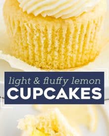 These amazing Lemon Cupcakes are fluffy, moist and easy to make from scratch. They have the perfect flavor balance of tangy and sweet, and have a super tender crumb. Top with your favorite buttercream and enjoy! #cupcake #lemon #dessert #baking #cake #cupcakerecipe