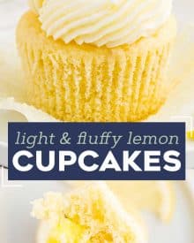 These amazing Lemon Cupcakes are fluffy, moist and easy to make from scratch. They have the perfect flavor balance of tangy and sweet, and have a super tender crumb. Top with your favorite buttercream and enjoy! #cupcake #lemon #dessert #baking #cake #cupcakerecipe