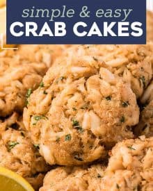 These crab cakes are made Maryland-Style with sweet lump crab, Old Bay and with little filler. Brushed with melted butter and baked to tender perfection! #seafood #crab #crabcakes #maryland