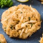 close up view of a broiled crab cake