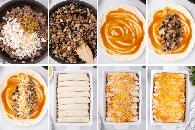 step by step how to make beef enchiladas - image collage