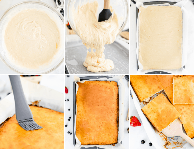 step by step how to make sheet pan pancakes - image collage