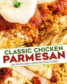 This Air Fryer Chicken Parmesan is made super easily with a handful of ingredients, uses less oil, and no messy pan-frying! Air fryer and oven instructions included. #airfryer #chickenparmesan #chickenrecipes