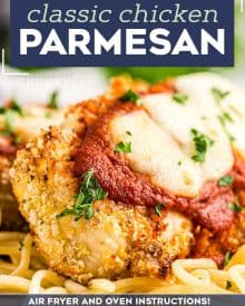 This Air Fryer Chicken Parmesan is made super easily with a handful of ingredients, uses less oil, and no messy pan-frying! Air fryer and oven instructions included. #airfryer #chickenparmesan #chickenrecipes