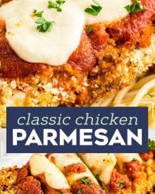 This Air Fryer Chicken Parmesan is made super easily with a handful of ingredients, uses less oil, and no messy pan-frying! Air fryer and oven instructions included. #airfryer #chickenparmesan #chickenrecipes