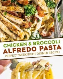 This Bacon and Broccoli Chicken Alfredo takes the classic chicken alfredo to the next level! Golden seared chicken paired with a velvety garlic cream sauce coating every strand of pasta, combined with tender broccoli and crispy bacon. Perfect weeknight dinner! #chickenalfredo #weeknightpasta