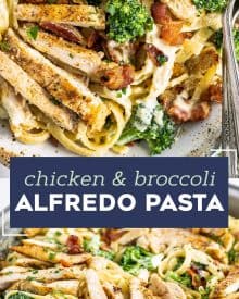 This Bacon and Broccoli Chicken Alfredo takes the classic chicken alfredo to the next level! Golden seared chicken paired with a velvety garlic cream sauce coating every strand of pasta, combined with tender broccoli and crispy bacon. Perfect weeknight dinner! #chickenalfredo #weeknightpasta