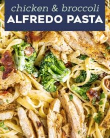 This Bacon and Broccoli Chicken Alfredo takes the classic chicken alfredo to the next level! Golden seared chicken paired with a velvety garlic cream sauce coating every strand of pasta, combined with tender broccoli and crispy bacon. Perfect weeknight dinner! #chickenalfredo #weeknightpasta