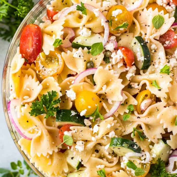 pasta salad in glass bowl