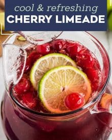 This refreshing non-alcoholic Tart Cherry Limeade is made with simple ingredients, makes a large batch, and the recipe has plenty of options for substitutions! #drink #summer #cherry #limeade