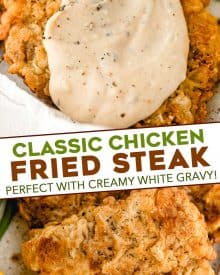 Chicken Fried Steak is a southern classic made with tender marinated cube steaks that have been breaded and pan fried until golden. And don't forget the creamy white pepper gravy on top! Restaurant-quality, but made easily at home. #chickenfriedsteak #beef #dinner #comfortfood