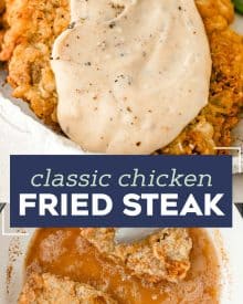 Chicken Fried Steak is a southern classic made with tender marinated cube steaks that have been breaded and pan fried until golden. And don't forget the creamy white pepper gravy on top! Restaurant-quality, but made easily at home. #chickenfriedsteak #beef #dinner #comfortfood