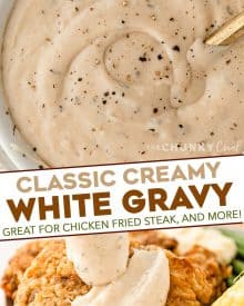 This classic White Gravy is ultra creamy, and speckled with plenty of black pepper. Perfect on chicken fried steak, fried chicken, mashed potatoes, biscuits and more! Easy to make with only 7 ingredients (including salt and pepper!). #gravy #whitegravy #peppergravy