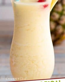 This Frozen Pina Colada is sweet, tropical, and perfect for a hot summer day! Easy to substitute with alternate rums, or even make it a virgin mocktail. #pinacolada #frozencocktail