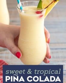 This Frozen Pina Colada is sweet, tropical, and perfect for a hot summer day! Easy to substitute with alternate rums, or even make it a virgin mocktail. #pinacolada #frozencocktail