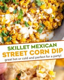 This Street Corn Dip has all the classic Mexican street corn flavors, but in a fun dip-able form! Great served hot or at room temperature, and always a crowd-pleaser! #corndip #streetcorn