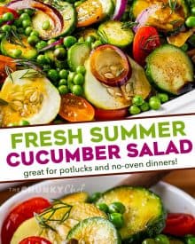 This easy mayo-free Cucumber Salad is complete with not only fresh cucumbers, but also sweet peas, crunchy red onion, tangy tomatoes, fresh herbs and a simple balsamic vinaigrette dressing. Perfect alongside a light summer meal or at a potluck! #cucumber #salad #summer