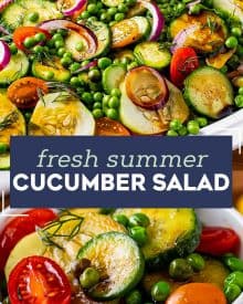 This easy mayo-free Cucumber Salad is complete with not only fresh cucumbers, but also sweet peas, crunchy red onion, tangy tomatoes, fresh herbs and a simple balsamic vinaigrette dressing. Perfect alongside a light summer meal or at a potluck! #cucumber #salad #summer