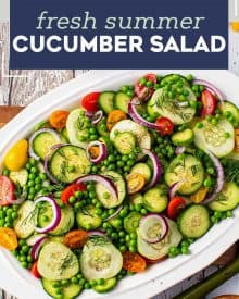 This easy mayo-free Cucumber Salad is complete with not only fresh cucumbers, but also sweet peas, crunchy red onion, tangy tomatoes, fresh herbs and a simple balsamic vinaigrette dressing. Perfect alongside a light summer meal or at a potluck! #cucumber #salad #summer