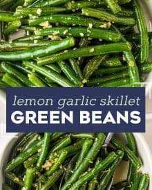 Simple and easy, this Skillet Green Beans recipe is made using fresh green beans that are cooked until crisp tender, and seasoned with plenty of garlic and lemon flavors! They're the perfect side dish! #greenbeans #fresh #sidedish