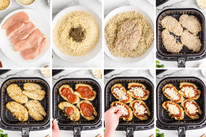 step by step how to make air fryer chicken parmesan - image collage