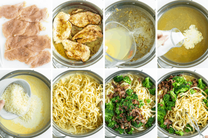 step by step how to make chicken alfredo - image collage.