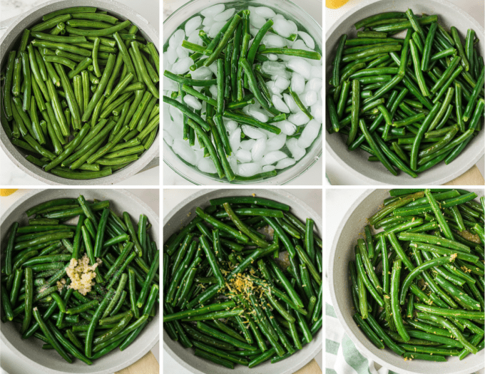 step by step how to make green beans in a skillet - image collage.