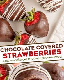 Learn how to make classic Chocolate Covered Strawberries at home, using just 3 base ingredients and minimal effort! Plus directions for different topping options and how to make a fun boozy version! #strawberries #chocolate #dessert #nobake