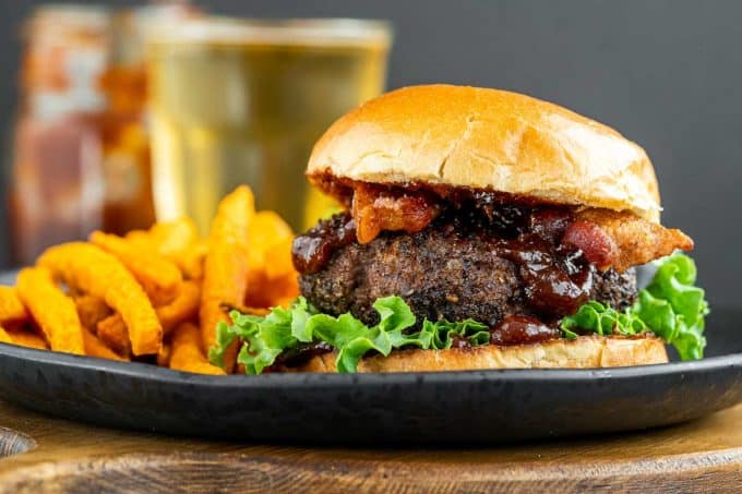 plate with homemade burger and fries