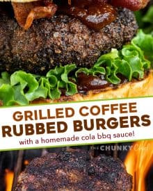 These Homemade Burgers are seasoned with a spiced coffee rub that elevates the flavor of the beef and makes for a truly epic hamburger! The cola and coffee bbq sauce just sets it apart from the rest! #burger #dryrub #grillingrecipes