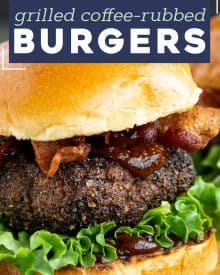 These Homemade Burgers are seasoned with a spiced coffee rub that elevates the flavor of the beef and makes for a truly epic hamburger! The cola and coffee bbq sauce just sets it apart from the rest! #burger #dryrub #grillingrecipes