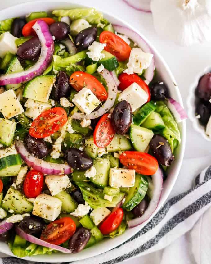 overhead view of Greek salad in bowl