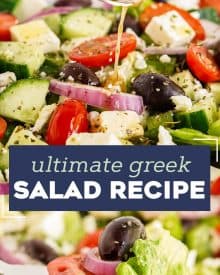 This perfect Greek salad comes together in just 10-15 minutes, and uses a homemade Greek dressing that's so much better than anything from a bottle. Perfect with lettuce or without, it's a delicious summer salad, and a great use for seasonal produce! #salad #greek #homemade