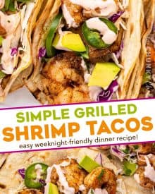 These Grilled Shrimp Tacos are smoky, a little spicy, and bursting with fresh flavors! The creamy sriracha lime sauce just takes them over the top. Easy to cook the shrimp indoors too! #tacos #shrimp #grilled