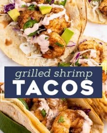 These Grilled Shrimp Tacos are smoky, a little spicy, and bursting with fresh flavors! The creamy sriracha lime sauce just takes them over the top. Easy to cook the shrimp indoors too! #tacos #shrimp #grilled