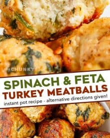 Juicy and full of amazing flavor, these Spinach and Feta Turkey Meatballs are perfect for a quick weeknight dinner, a fun appetizer, or meal-prepping for lunches! Easily made in the Instant Pot, oven or on the stovetop, you'll love the succulent texture. #meatballs #feta #turkey #greek