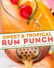 With just one sip, this Tropical Rum Punch will make you feel like you're on an island vacation! Easy to make just a single drink, or scale it up for a party! #punch #rum #cocktail