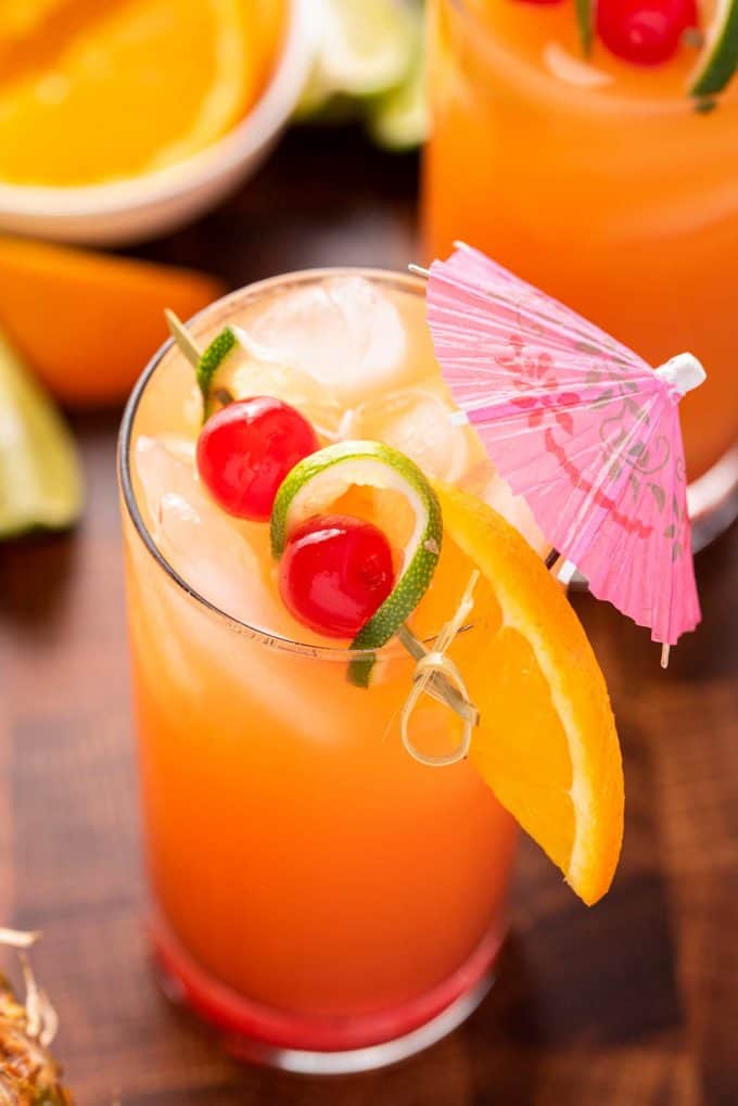 garnished rum punch in tall cocktail glass