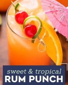 With just one sip, this Tropical Rum Punch will make you feel like you're on an island vacation! Easy to make just a single drink, or scale it up for a party! #punch #rum #cocktail