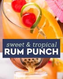 With just one sip, this Tropical Rum Punch will make you feel like you're on an island vacation! Easy to make just a single drink, or scale it up for a party! #punch #rum #cocktail