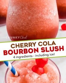 This Cherry Cola Bourbon Slush is our favorite frozen cocktail! Made with just 4 ingredients (including ice!), it's so easy to whip together and enjoy all year round! #slush #bourbon #cherry