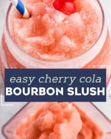 This Cherry Cola Bourbon Slush is our favorite frozen cocktail! Made with just 4 ingredients (including ice!), it's so easy to whip together and enjoy all year round! #slush #bourbon #cherry