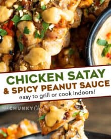 Juicy chicken thighs are marinated in an easy Thai-flavored marinade, then skewered and grilled until a little charred. And of course, don't forget the spicy peanut sauce that you'll be wanting to put on absolutely everything! #chickensatay #thai #peanutsauce #grilled