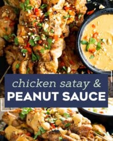 Juicy chicken thighs are marinated in an easy Thai-flavored marinade, then skewered and grilled until a little charred. And of course, don't forget the spicy peanut sauce that you'll be wanting to put on absolutely everything! #chickensatay #thai #peanutsauce #grilled