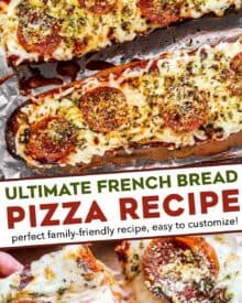 This recipe for French Bread Pizza is so easy to make, and so much better than anything from the frozen food aisle! French bread is brushed with garlic butter and toasted, then topped with all your favorite pizza toppings and baked again. #frenchbread #pizza #dinner