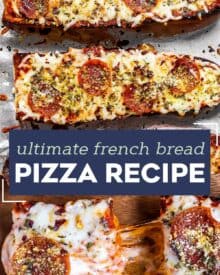 This recipe for French Bread Pizza is so easy to make, and so much better than anything from the frozen food aisle! French bread is brushed with garlic butter and toasted, then topped with all your favorite pizza toppings and baked again. #frenchbread #pizza #dinner
