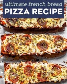 This recipe for French Bread Pizza is so easy to make, and so much better than anything from the frozen food aisle! French bread is brushed with garlic butter and toasted, then topped with all your favorite pizza toppings and baked again. #frenchbread #pizza #dinner