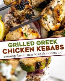 Juicy chicken thighs marinated in an ultra flavorful lemon and herb yogurt sauce, skewered with veggies and grilled to perfection. Perfect for summer, but recipe has alternative cooking methods for winter too! #chicken #greek #kebabs