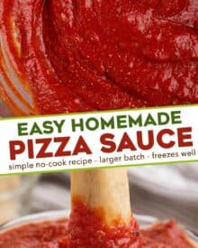 This recipe for Homemade Pizza Sauce is ready in just 5 minutes! No cooking, no blender or food processor, just whisk and enjoy! Loaded with flavor, it's great for topping pizzas, dipping, and more! #pizza #sauce #homemade